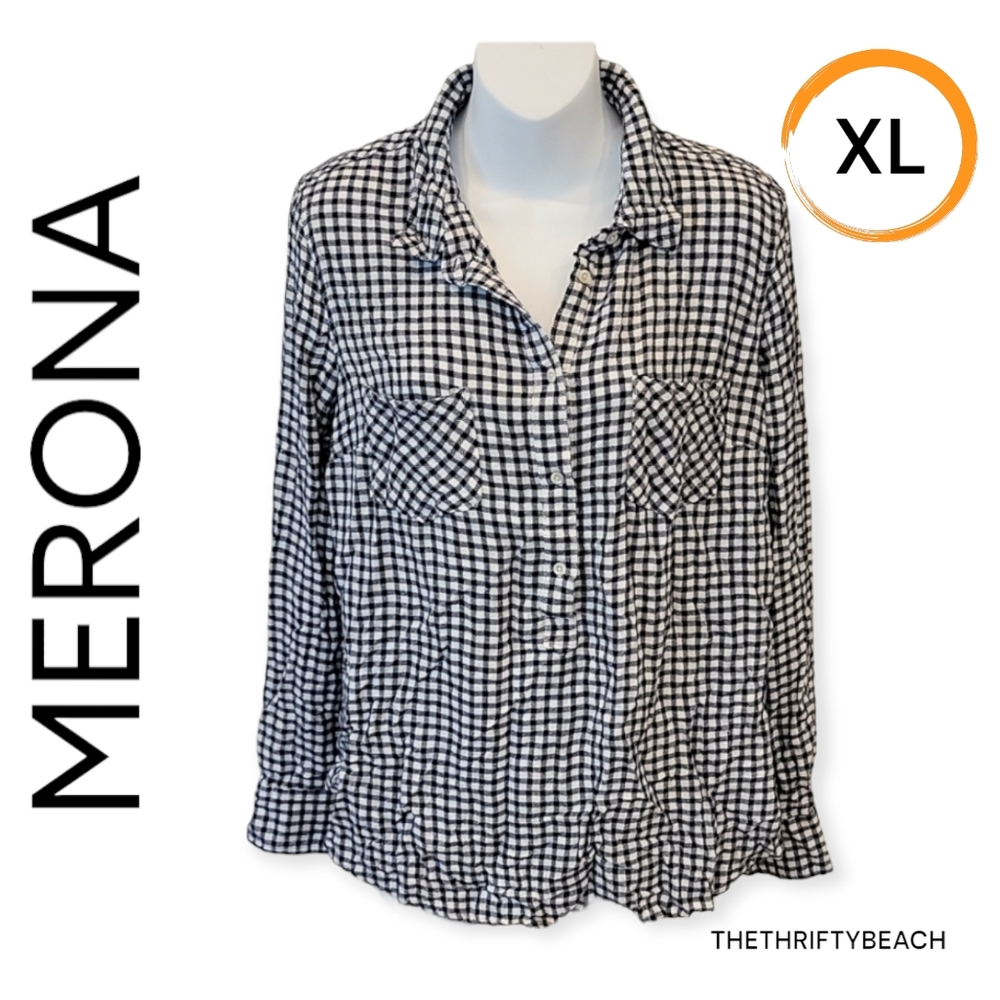 Merona Black & White Gingham Check Popover Tunic Shirt - Size XL